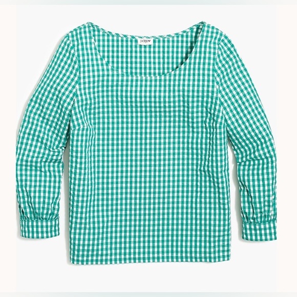 Green & White Seersucker Gingham Peasant Top | XS 100% Cotton - Picture 6 of 6